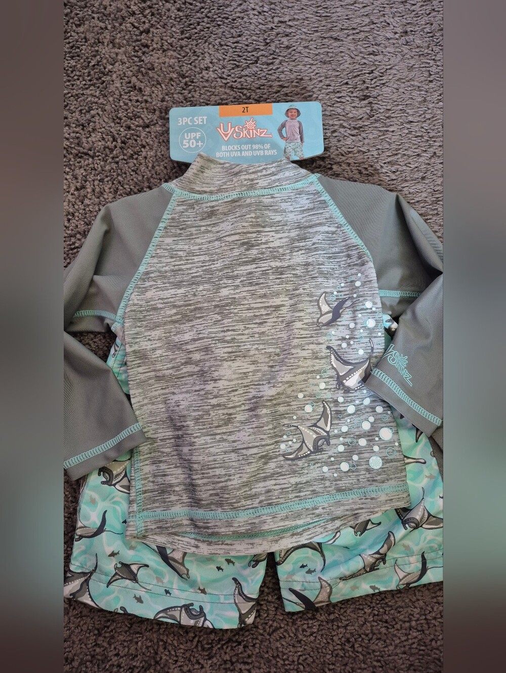 UV Skinz Kids' Gray & Teal Ray Rashguard Swim Set - Picture 1 of 3